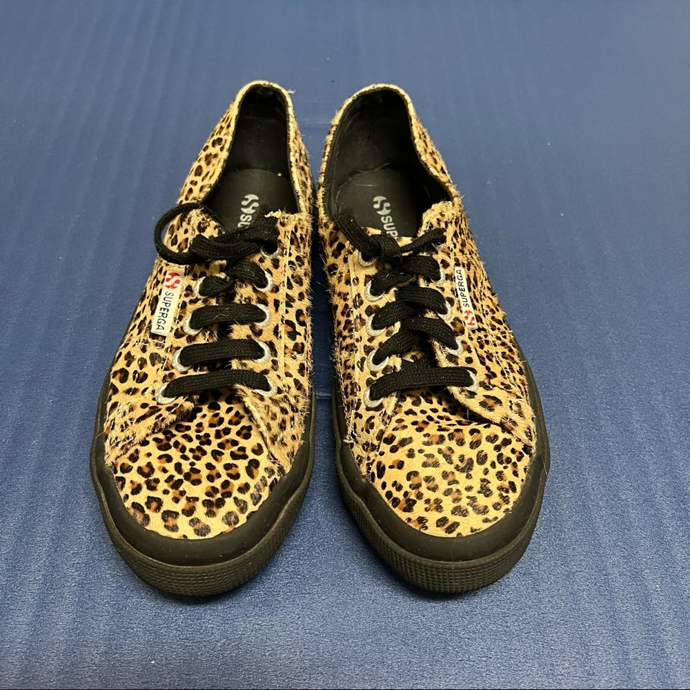 Superga Rare Black Printed Cheetah Leather Sneakers Size 7.5